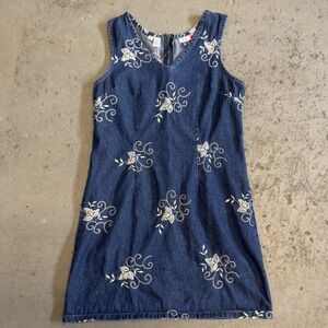 Vintage J.L. N.Y. Embroidered Denim Floral Shift Dress Blue Womens Medium 90s